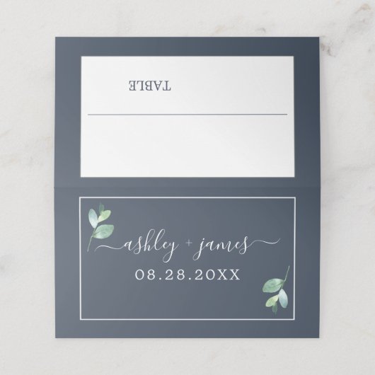 Chic Foliage Dark Blue Custom WeduwPlace Card (Buitenkant ongevouwen)