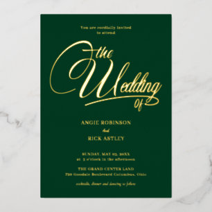 Chic Forest Green en Gold Calligraded Wedding Folie Uitnodiging
