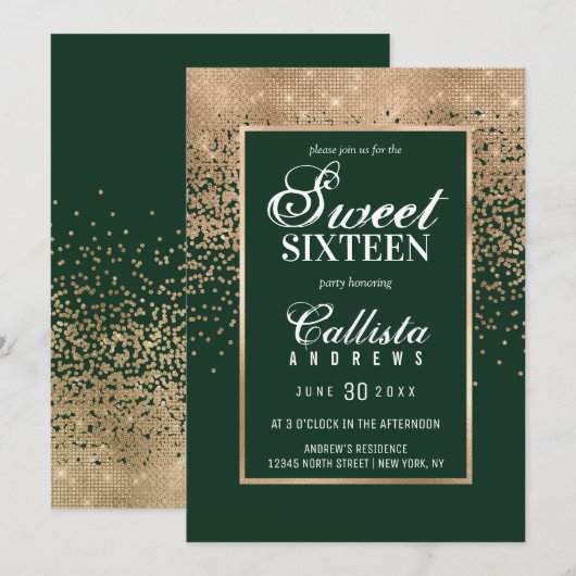 Chic Forest Green Gold Glitter Confetti Sweet 16 Kaart (Voorkant / Achterkant)