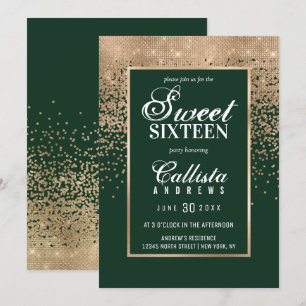 Chic Forest Green Gold Glitter Confetti Sweet 16 Kaart