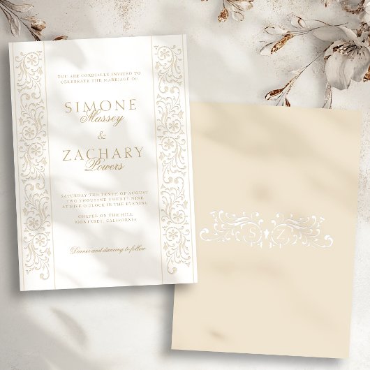 Chic Formal Ecru Scrollwork Border Wedding Kaart