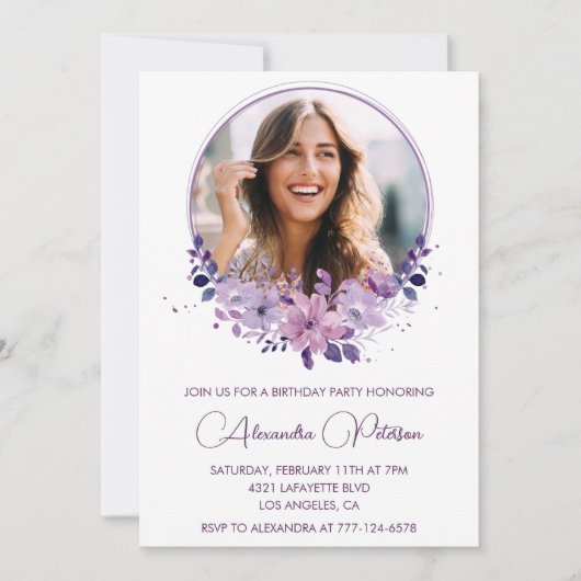 Chic Foto 46e verjaardagsuitnodiging Floral Paarse Kaart (Voorkant)