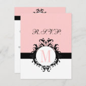 Chic Français Damask Monogramme Mariage RSVP Carte (Devant / Derrière)