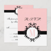 Chic Français Damask Monogramme Mariage RSVP Carte (Devant / Derrière)