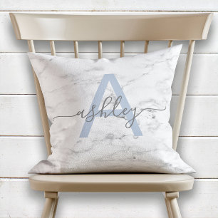 Chic French Blue & Grey Marble Name Monogram Kussen