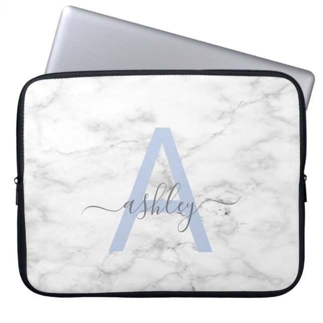 Chic French Blue White Marble Script Name Monogram Laptop Sleeve (Voorkant)