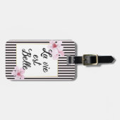 Chic French Script roze Stripes en Cherry Blossom Bagagelabel (Voorkant horizontaal)