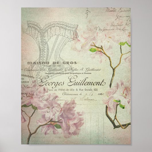  Chic French Script Shabby Flowers Corset Poster (Voorkant)