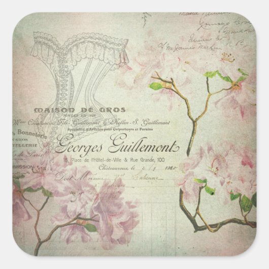 Chic French Script Shabby Flowers Corset Vierkante Sticker (Voorkant)