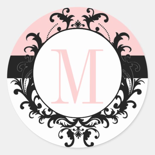 Chic French Wedding Monogram M Damask roze Label (Voorkant)