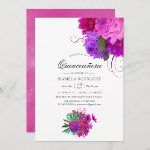  Chic Fuchsia en Paarse Floral Quinceañera Kaart