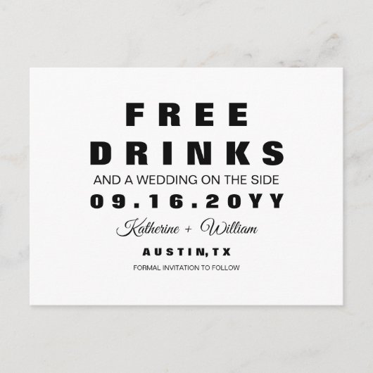 Chic Funny Free Drinken Wedding Save the Date Aankondigingskaart (Voorkant)