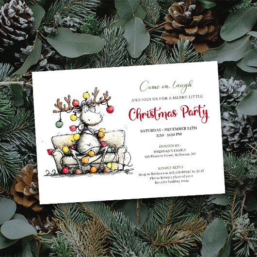 Chic Funny Reindeer Christmas Party Invitation Kaart