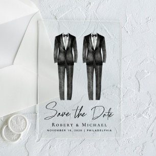 Chic Gay Wedding Tuxedo Waterverf Save the Date Acryl Uitnodigingen