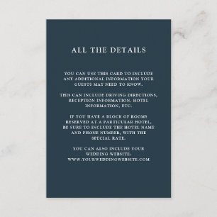 Chic gebladerte Dark Blue Wedding Guest Details Informatiekaartje