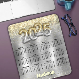 Chic geborsteld zilver goud glitter 2025 kalender muismat