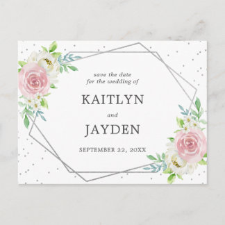 Chic Geometric Silver Foil Floral Save the Date Aankondigingskaart