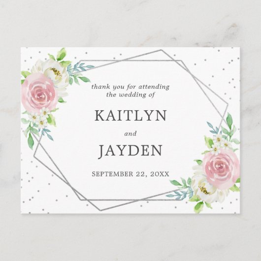 Chic Geometric Silver Foil Floral Wedding Briefkaart (Voorkant)