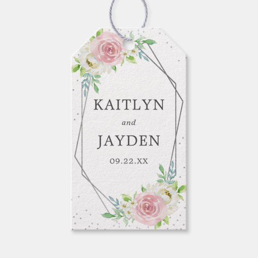 Chic Geometric Silver Foil Floral Wedding Cadeaulabel (Voorkant)
