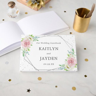 Chic Geometric Silver Foil Floral Wedding Gastenboek