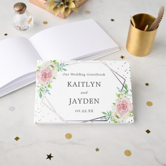 Chic Geometric Silver Foil Floral Wedding Gastenboek