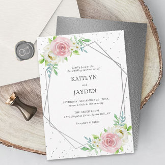 Chic Geometric Silver Foil Floral Wedding Kaart