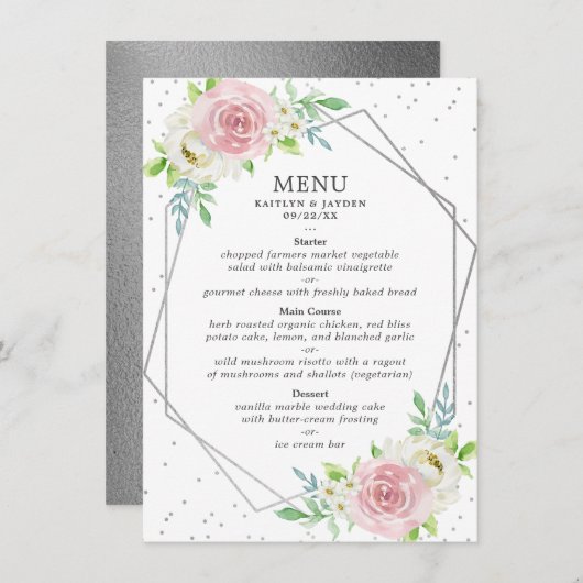 Chic Geometric Silver Foil Floral Wedding Menu (Voorkant / Achterkant)