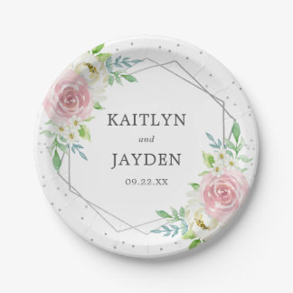 Chic Geometric Silver Foil Floral Wedding Papieren Bordje