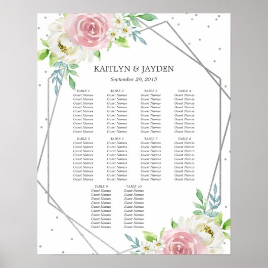 Chic Geometric Silver Foil Floral Wedding Poster (Voorkant)