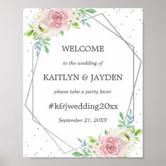 Chic Geometric Silver Foil Floral Wedding Poster