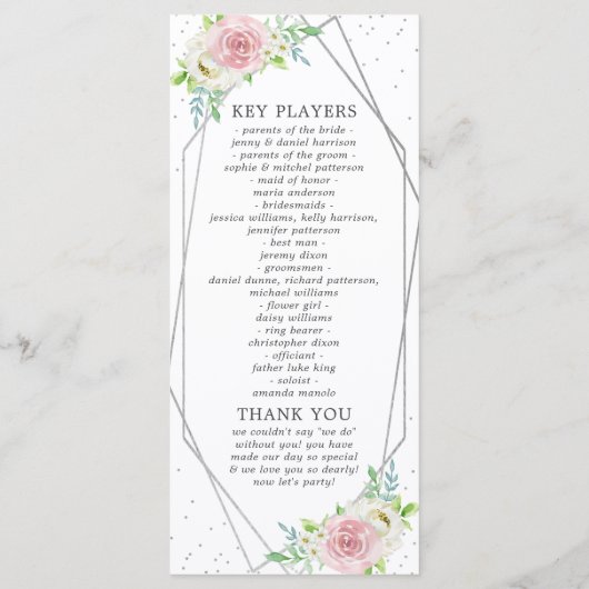 Chic Geometric Silver Foil Floral Wedding Programma (Achterkant)