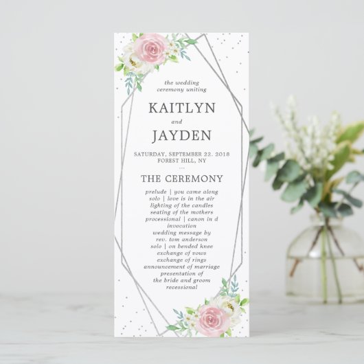 Chic Geometric Silver Foil Floral Wedding Programma (Staand voorkant)