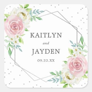 Chic Geometric Silver Foil Floral Wedding Vierkante Sticker