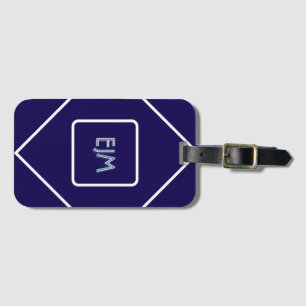 Chic geometrisch blauw en wit monogram bagagelabel