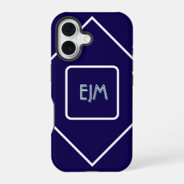 Chic geometrisch blauw en wit monogram iPhone 16 hoesje