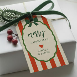 Chic gestreepte rode en groene retro vrolijk kerst cadeaulabel