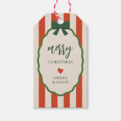 Chic Gestreepte Rood & Groen Retro Prettig Kerstfe Cadeaulabel (Voorkant)