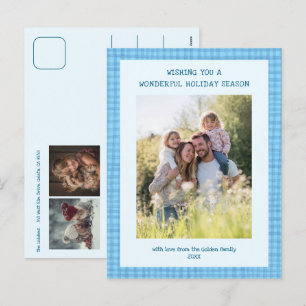 Chic Gingham Blue Christmas Custom 3 Foto Feestdagenkaart