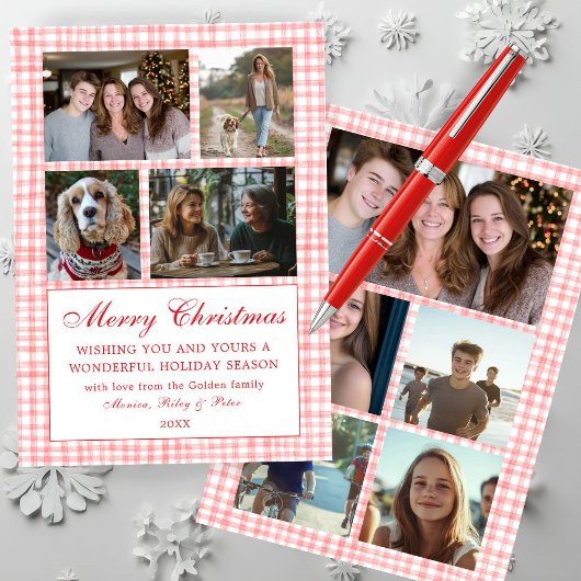 Chic Gingham Christmas Custom 9 Photo Collage rood Feestdagenkaart