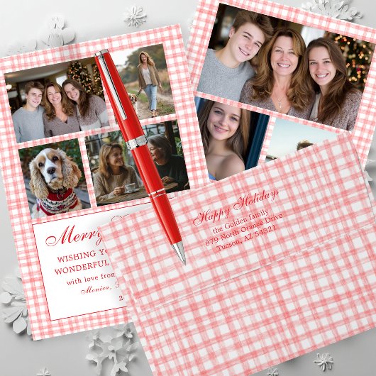 Chic Gingham Christmas Custom 9 Photo Collage rood Feestdagenkaart