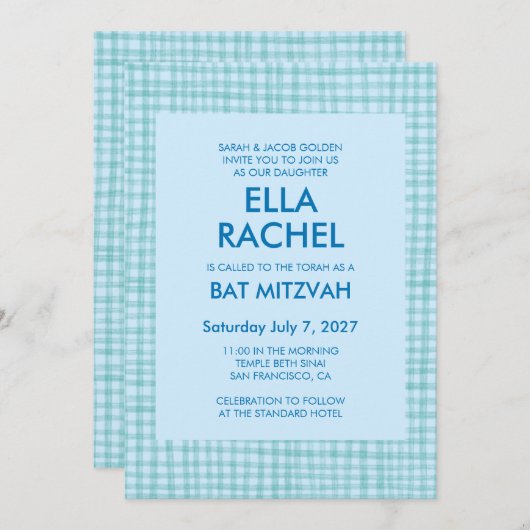 Chic Gingham Modern Custom QR CODE Bat Bar Mitzvah Kaart (Voorkant / Achterkant)