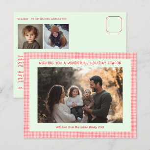 Chic Gingham Pink Green Christmas Custom 3 Foto Feestdagenkaart