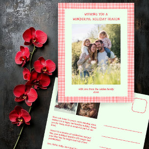 Chic Gingham Pink Green Christmas Custom 3 Foto Feestdagenkaart