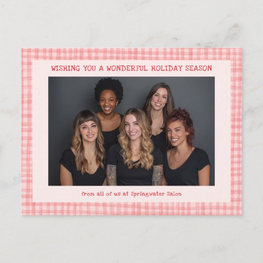 Chic Gingham Pink Red Christmas Custom Business  Feestdagenkaart (Voorkant)