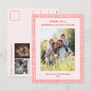 Chic Gingham Roze Rode Kerst Custom 3 Foto Feestdagenkaart