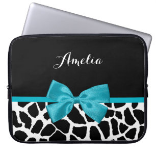 Chic Giraffe print Aqua Blue Ribbon Bow met naam Laptop Sleeve