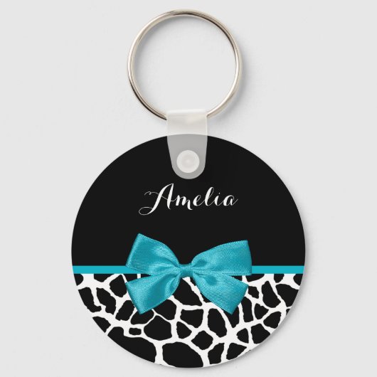 Chic Giraffe print Aqua Blue Ribbon Bow met naam Sleutelhanger (Voorkant)
