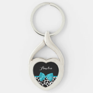 Chic Giraffe print Aqua Blue Ribbon Bow met naam Sleutelhanger