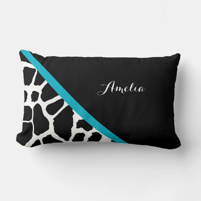 Chic Giraffe print Aqua Blue Stripe met naam Kussen (Voorkant)