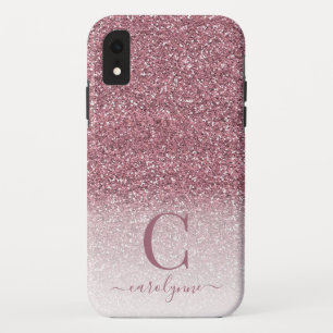Chic Girly Blush Pink Glitter Ombre Monogram iPhone XR Hoesje